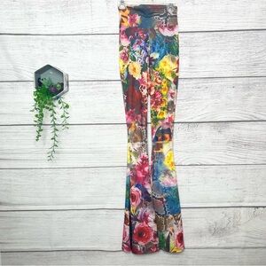 Colorful Floral High Waist Stretch Flare Leggings Size XS TALL 34 inch Inseam
